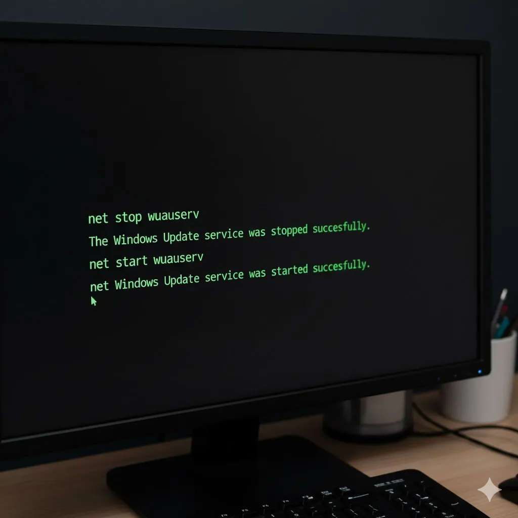 Restarting Windows Update service using Command Prompt commands.