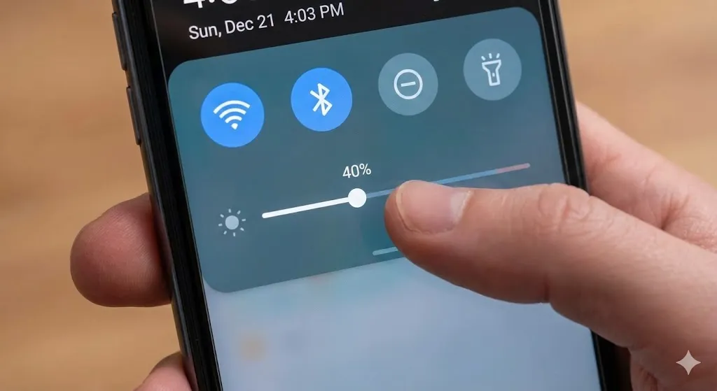 Lowering screen brightness on Android phone to save battery life.