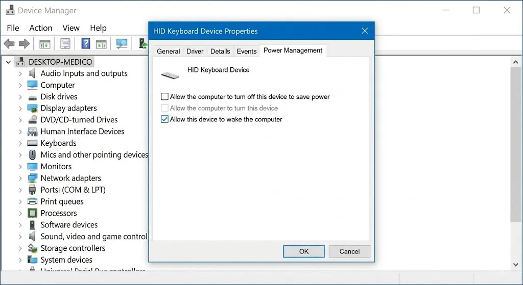 Enabling allow this device to wake the computer in Windows Device Manager.