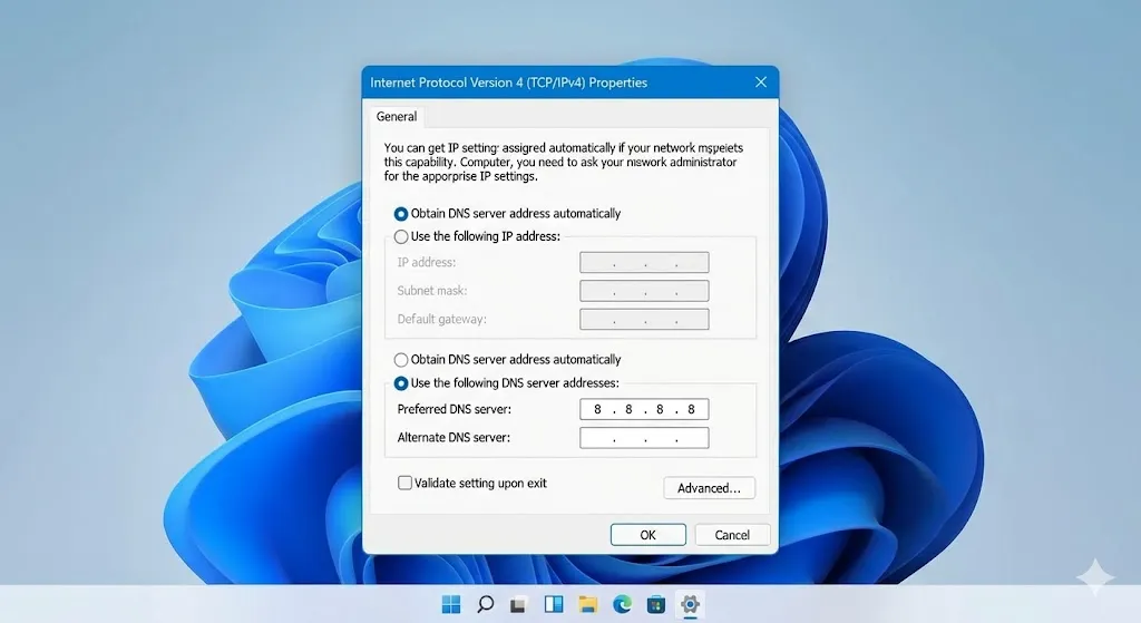 Changing DNS server settings to Google DNS 8.8.8.8 on Windows 10.