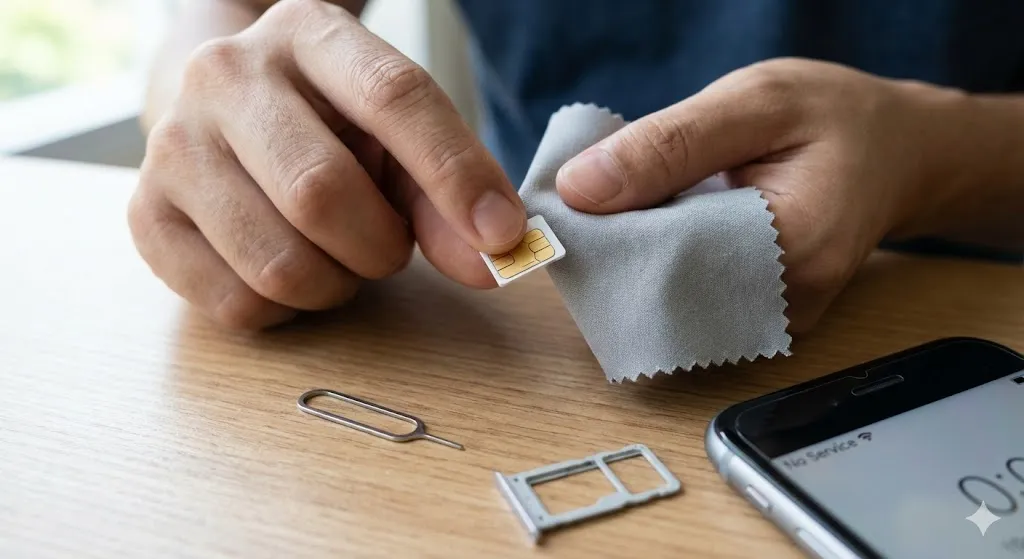 Cleaning SIM card gold contacts to fix no service error on Android.