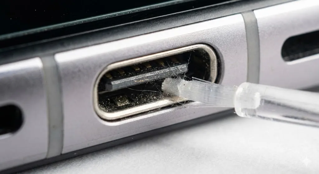 Cleaning dust and lint from Samsung USB-C charging port to fix moisture error.