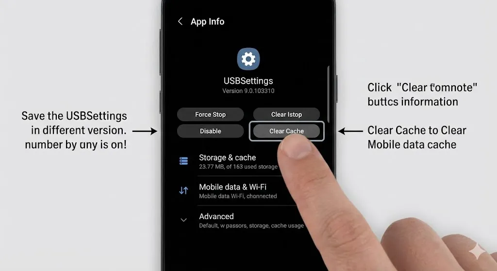 Clearing USB Settings cache in Android menu to reset moisture sensor.