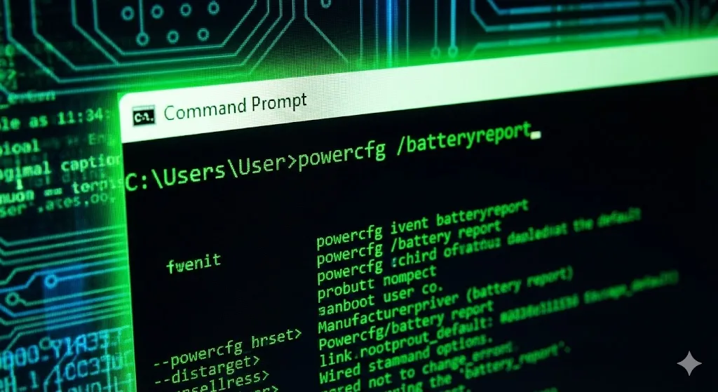 Running powercfg batteryreport command in CMD to check laptop battery health.