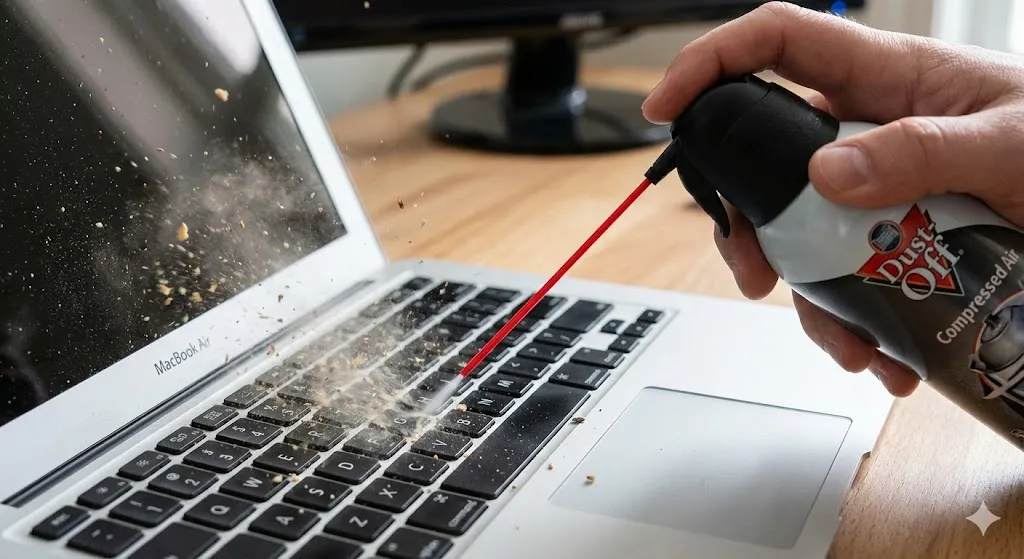 Cleaning dust from laptop keyboard using compressed air can.