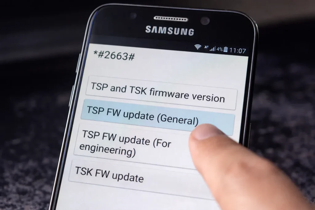 Updating TSP touchscreen firmware on Samsung using secret code *#2663#.