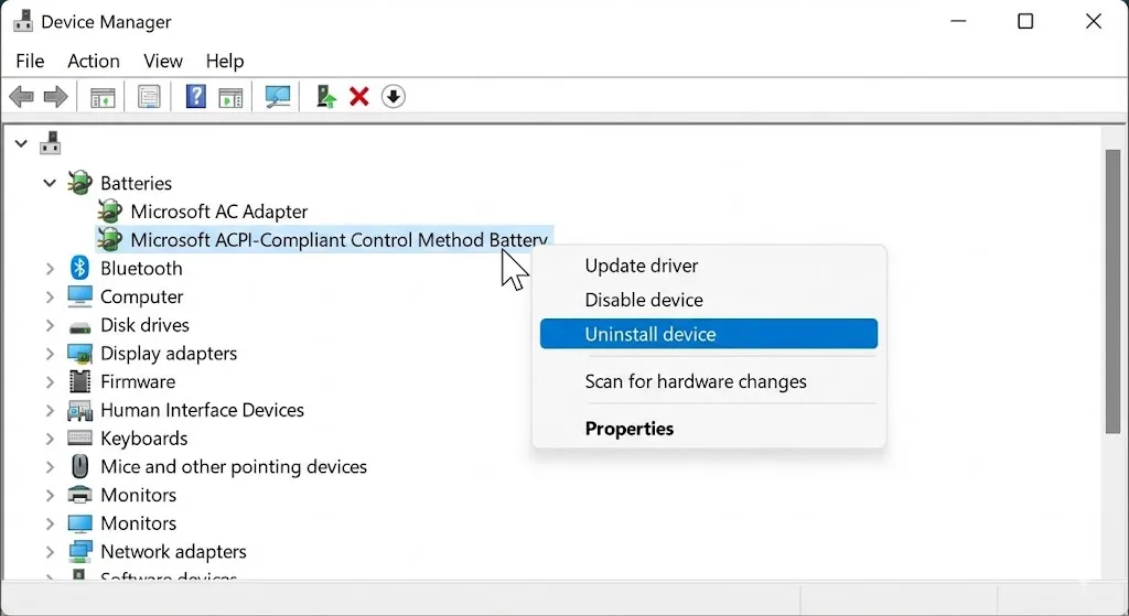 Uninstalling ACPI Compliant Battery driver in Device Manager to fix charging issues.