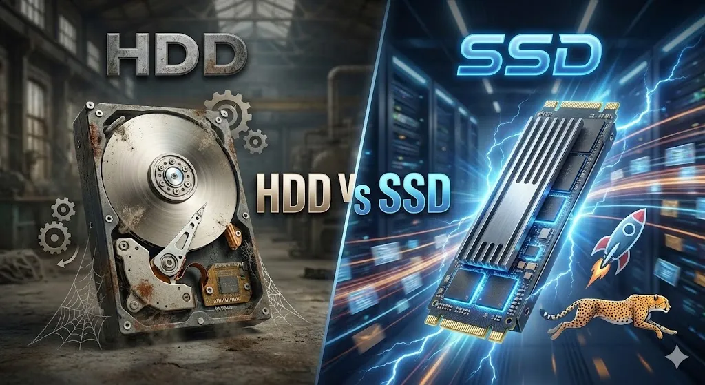Comparison between old HDD and fast SSD for fixing 100% disk usage.