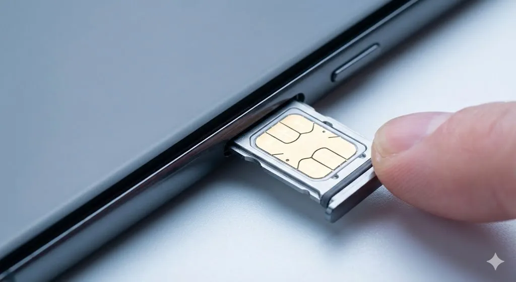 Inserting SIM card into Samsung Galaxy phone tray to test signal.