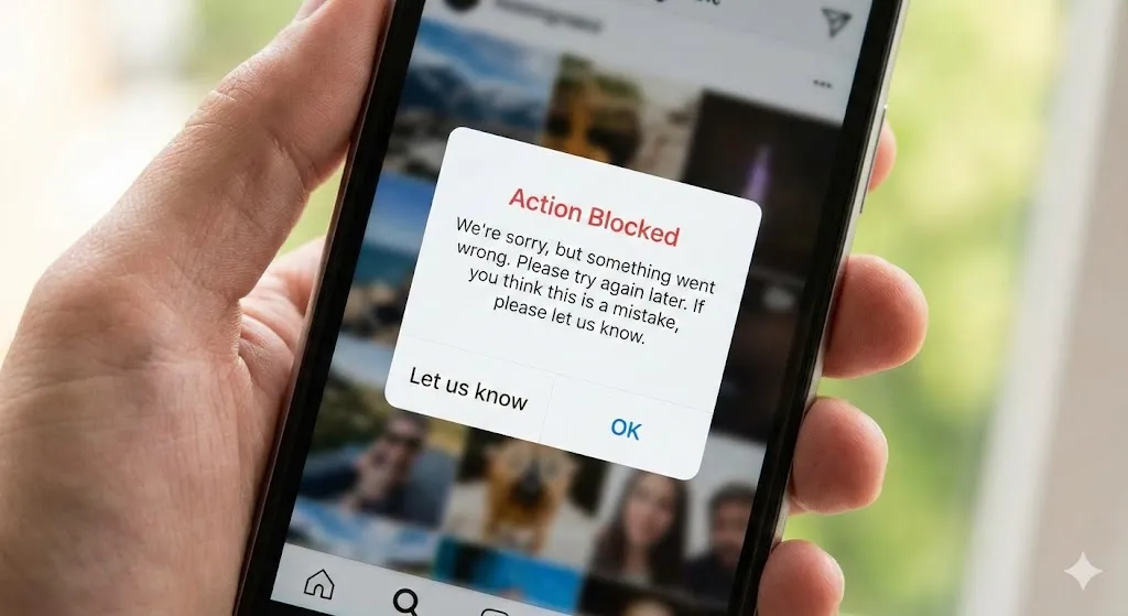Instagram Action Blocked error message pop-up on a smartphone screen.