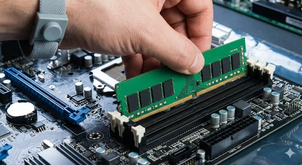 Reseating RAM memory stick on a computer motherboard to fix memory errors.