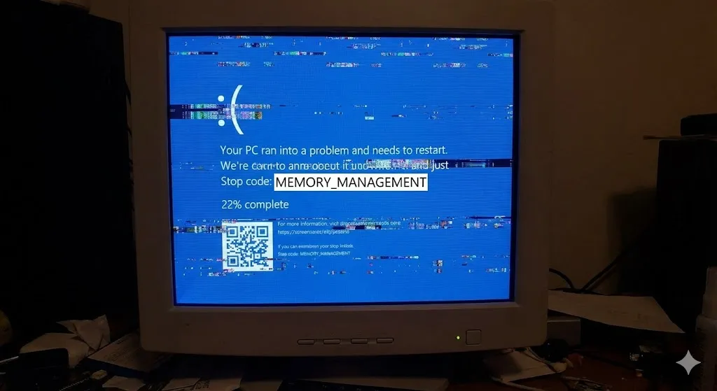 Windows Blue Screen error code Memory Management on a PC monitor.