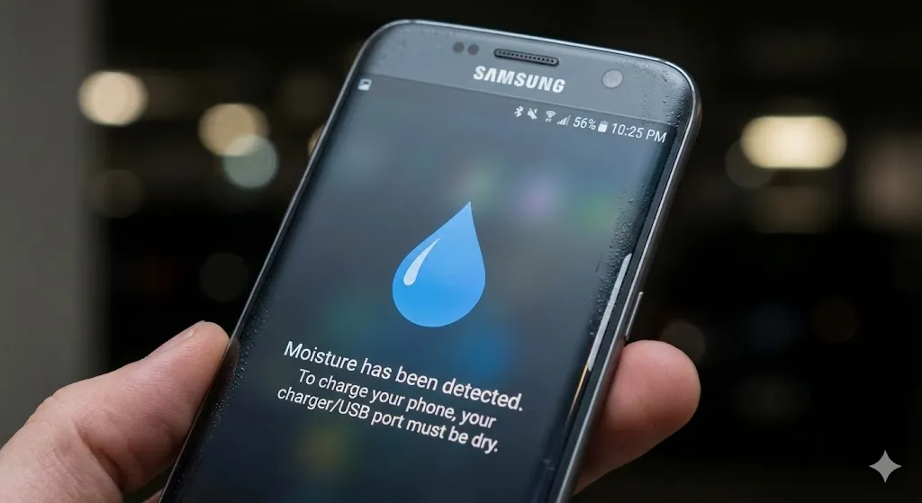 Samsung phone screen showing moisture detected water drop icon error.