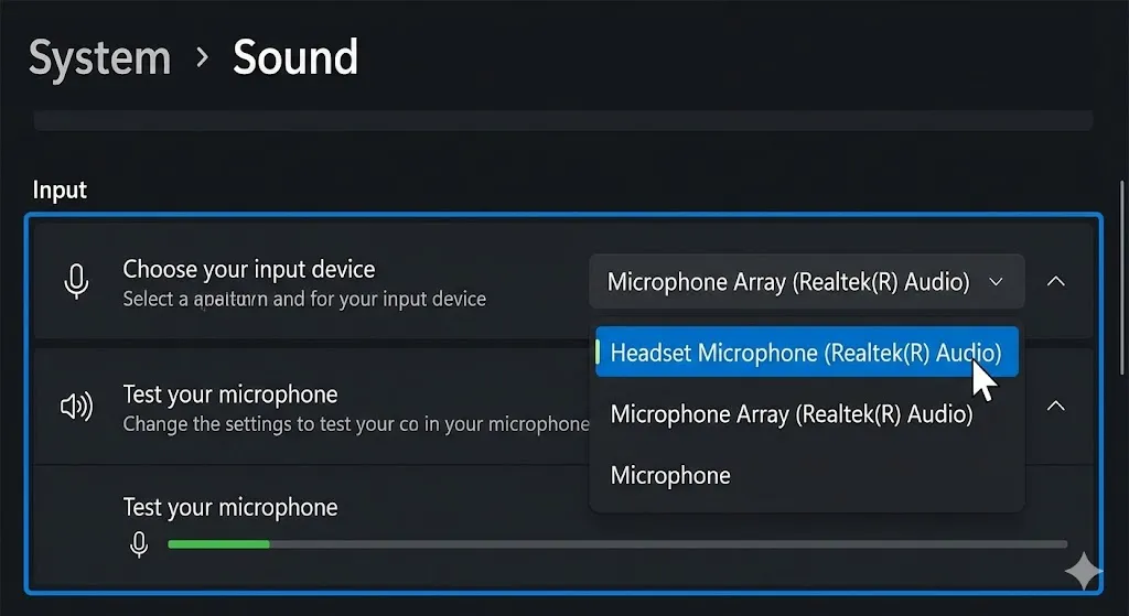 Selecting the correct microphone input device in Windows sound settings.
