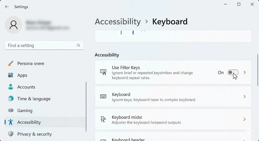 Disabling Filter Keys in Windows settings to fix slow or unresponsive keyboard.