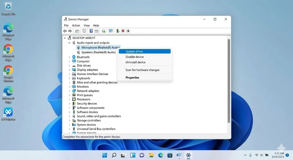 Updating microphone driver in Device Manager to fix audio recording issues.