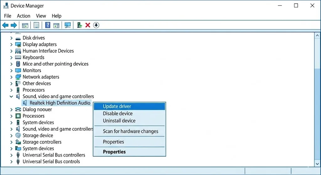 Updating Realtek High Definition Audio driver in Device Manager to fix sound.