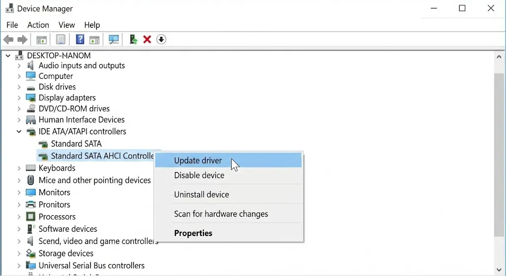 Updating Standard SATA AHCI Controller driver in Device Manager to fix BSOD.