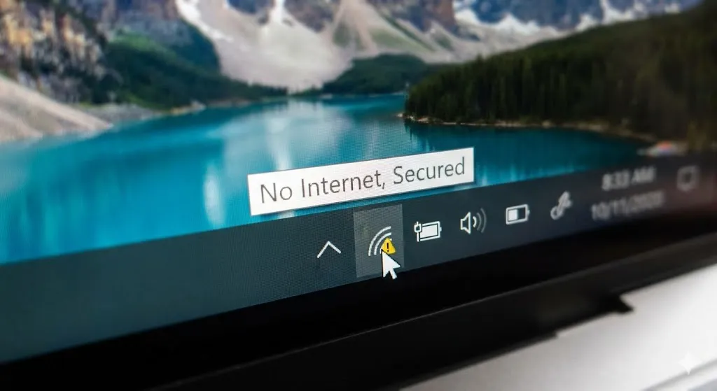 Windows Wi-Fi error message showing No Internet Secured status.