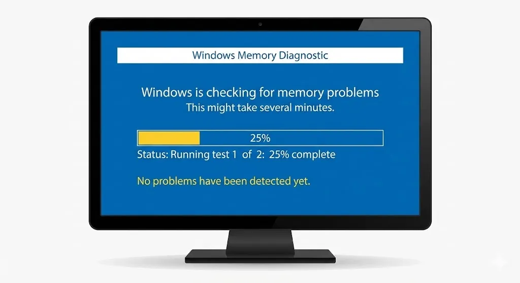 Windows Memory Diagnostic tool checking for RAM errors.