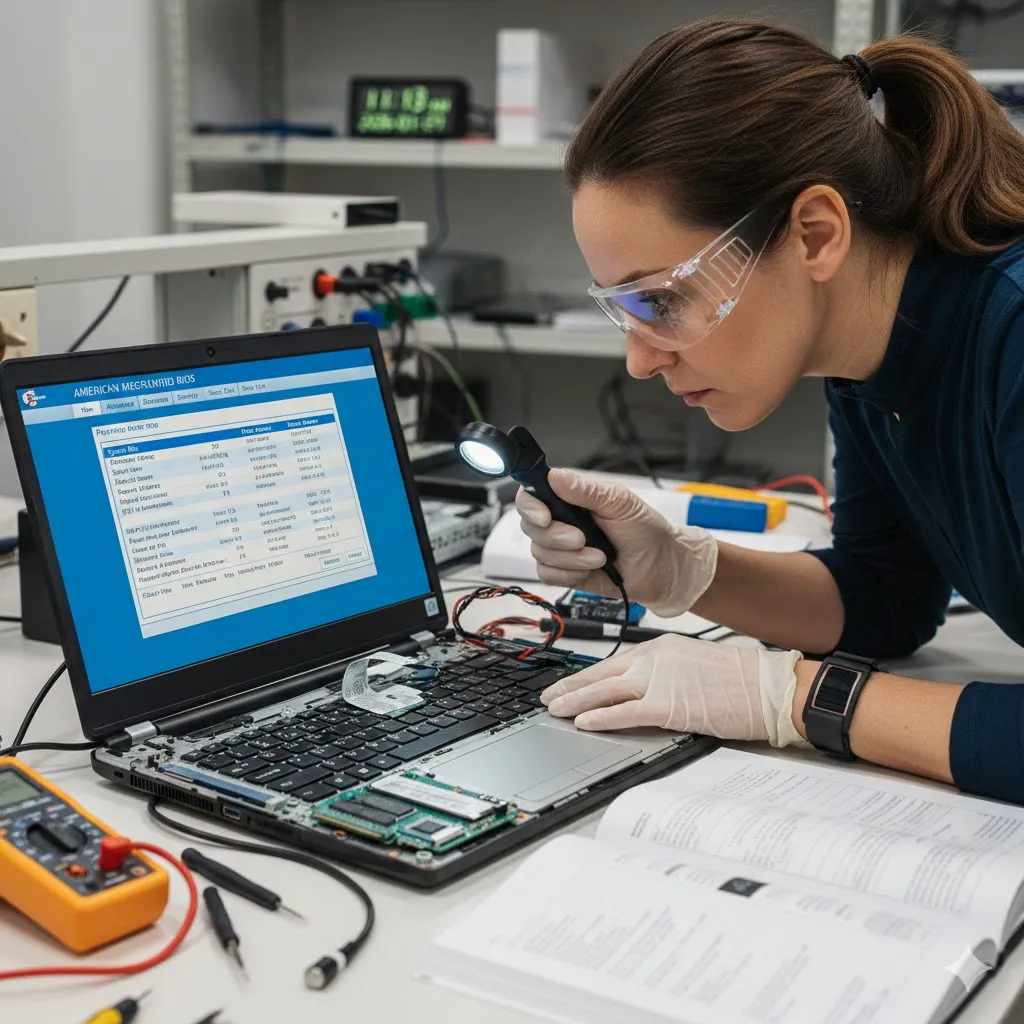 lady checking laptop hardware