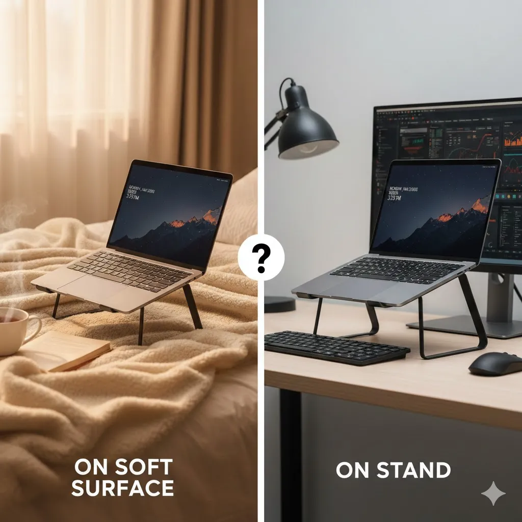 laptop on soft surface vs laptop on stand comparison concept