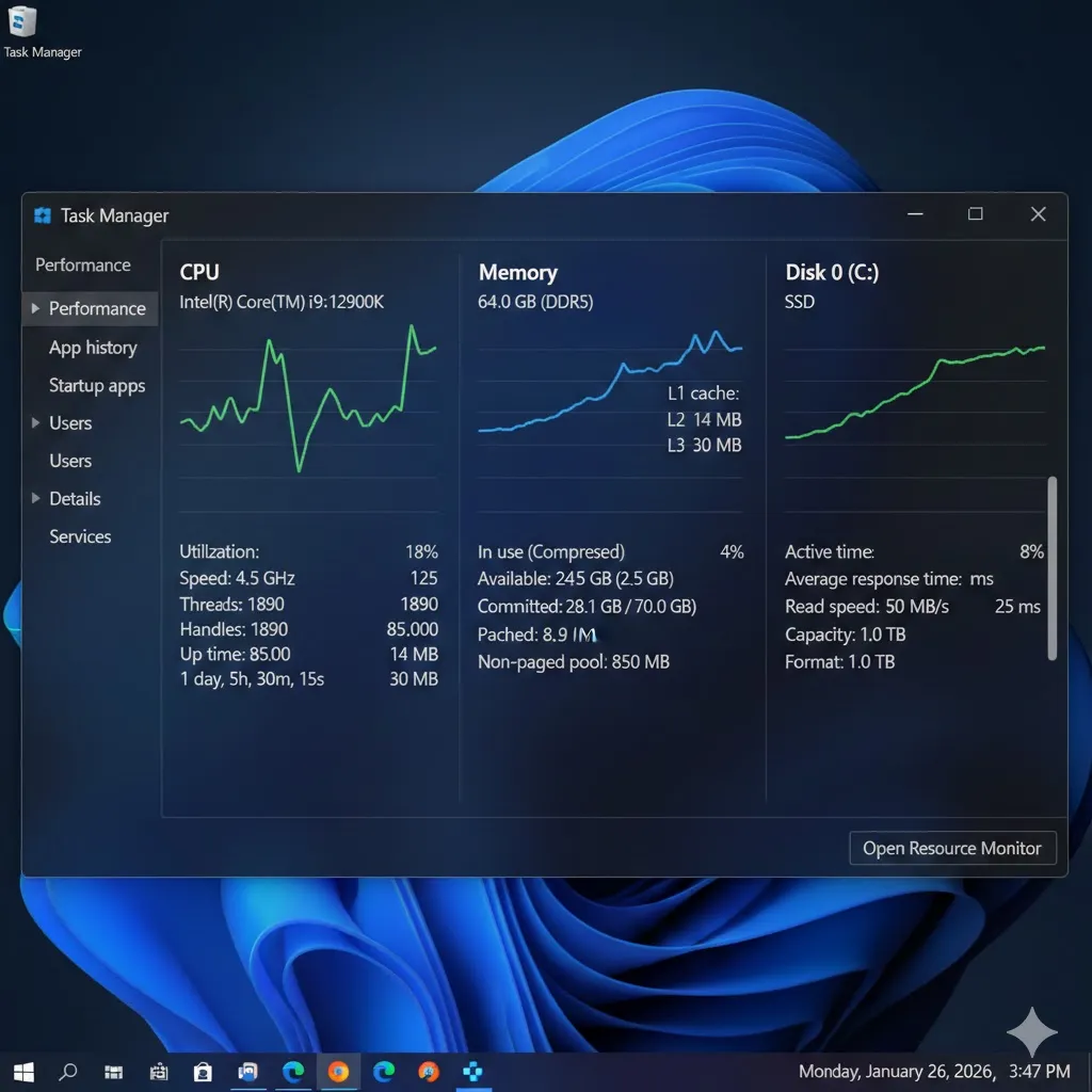 Windows Task Manager performance tab showing CPU, RAM, Disk usage