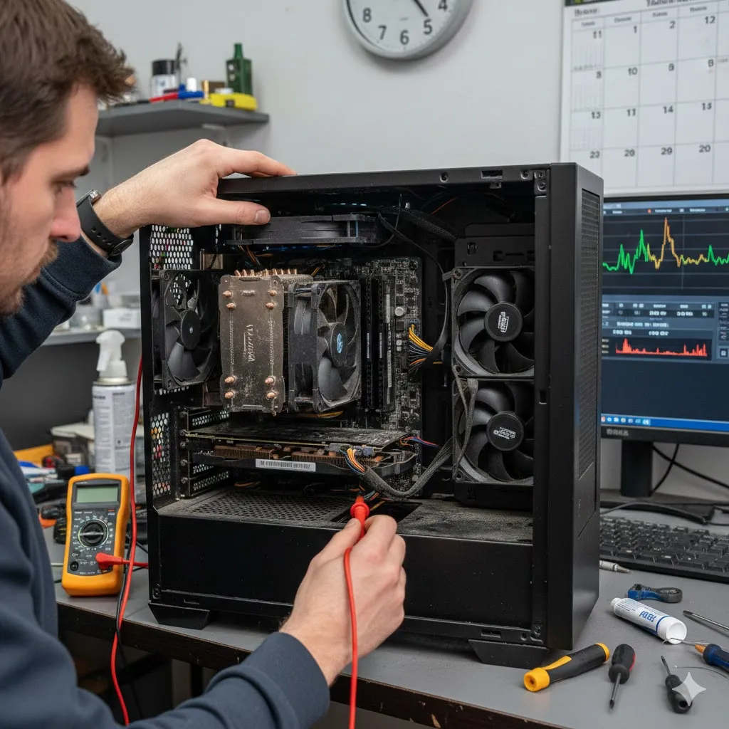 Desktop PC being checked for hardware and cooling issues