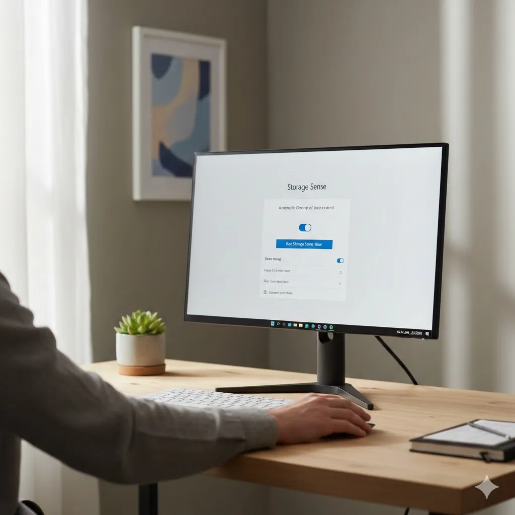 "user enabling Windows Storage Sense automatic cleanup feature on a desktop computer, calm neutral environment"