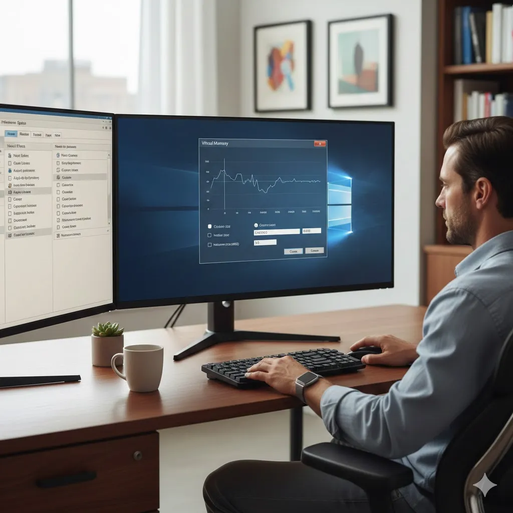 "user adjusting Windows virtual memory and performance settings, calm professional workspace"