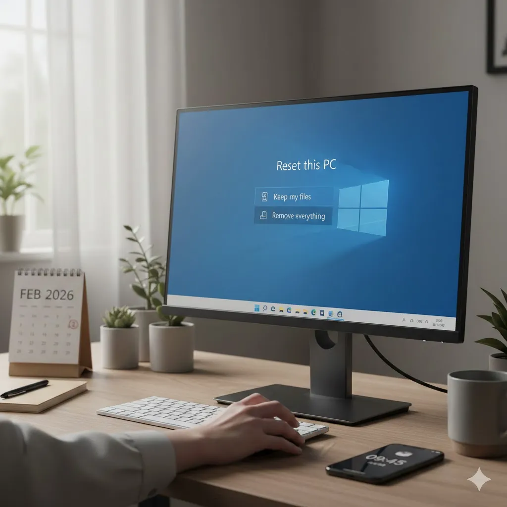user resetting Windows through recovery options menu, calm atmosphere, neutral colors, realistic style