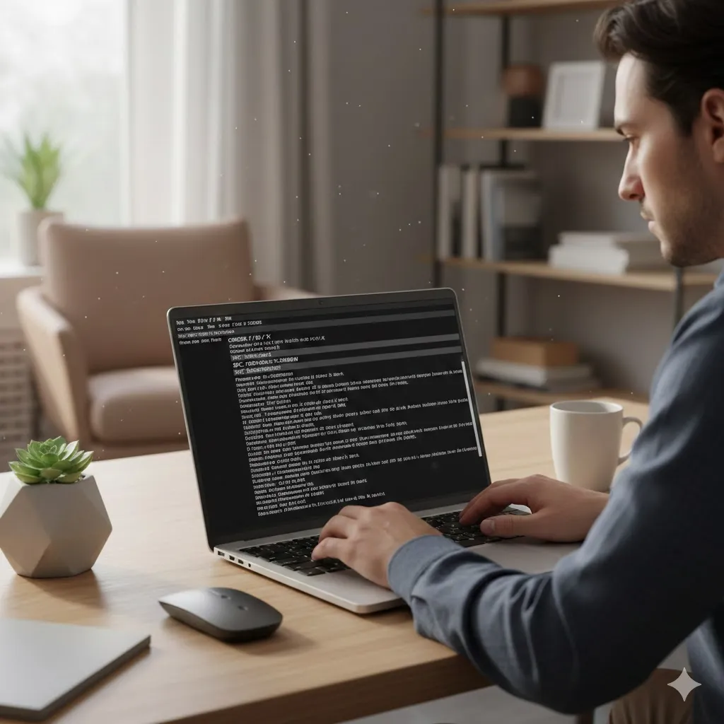 human running disk check and system repair commands on Windows command prompt, focused expression, modern laptop setup
