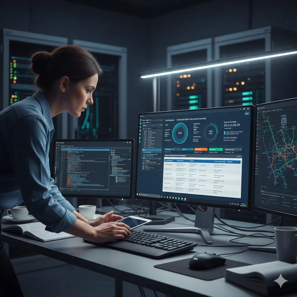 technician checking system health and disk status on Windows computer, analytical atmosphere, modern setup